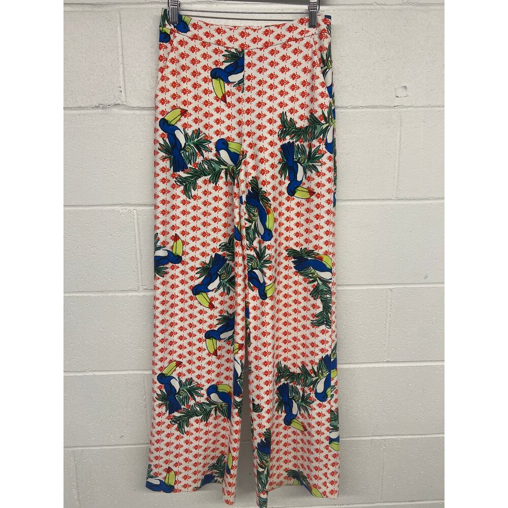 Badgley Mischka Sz 0 Parrot Orange Blue Print Wide Leg Tropical Resort Pants - Picture 3 of 5